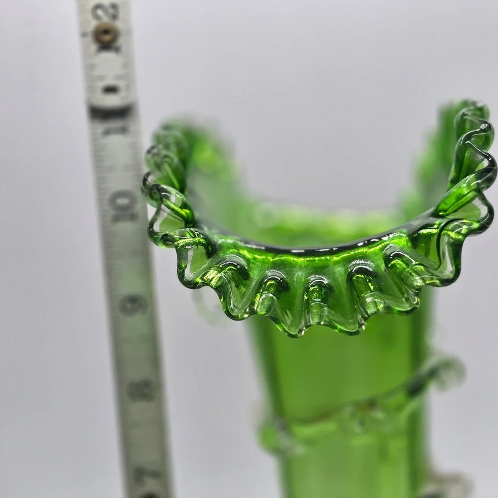 Late 1800's Antique Stevens & Williams Green Art Glass Vase with Applied Rigaree